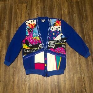 Vintage Teddi Jacket Women's Small Oversized Abstract V Neck Button Front 80s